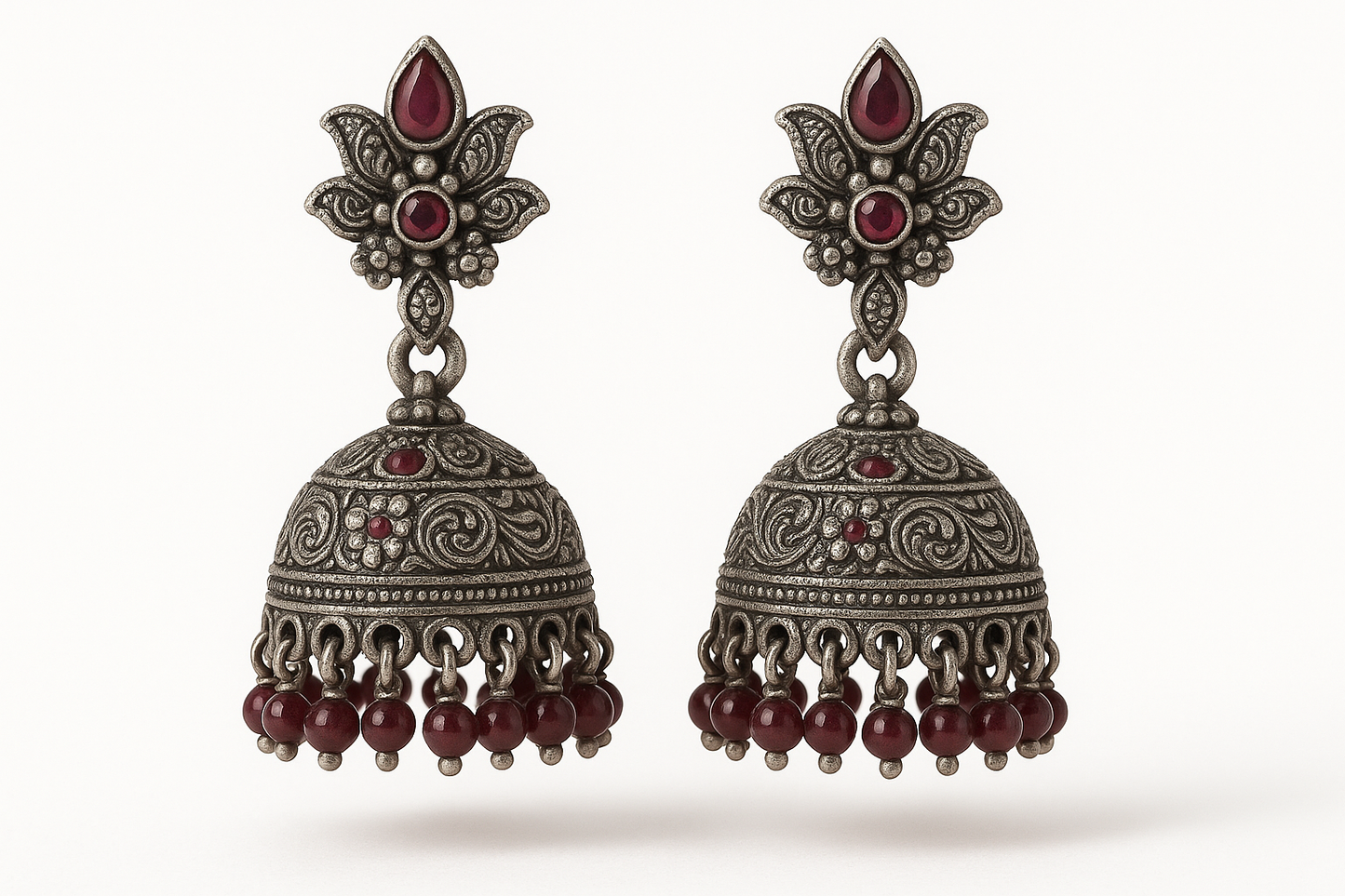 Oxidized Silver Jhumkas 27 with ruby give the image in png format no background 