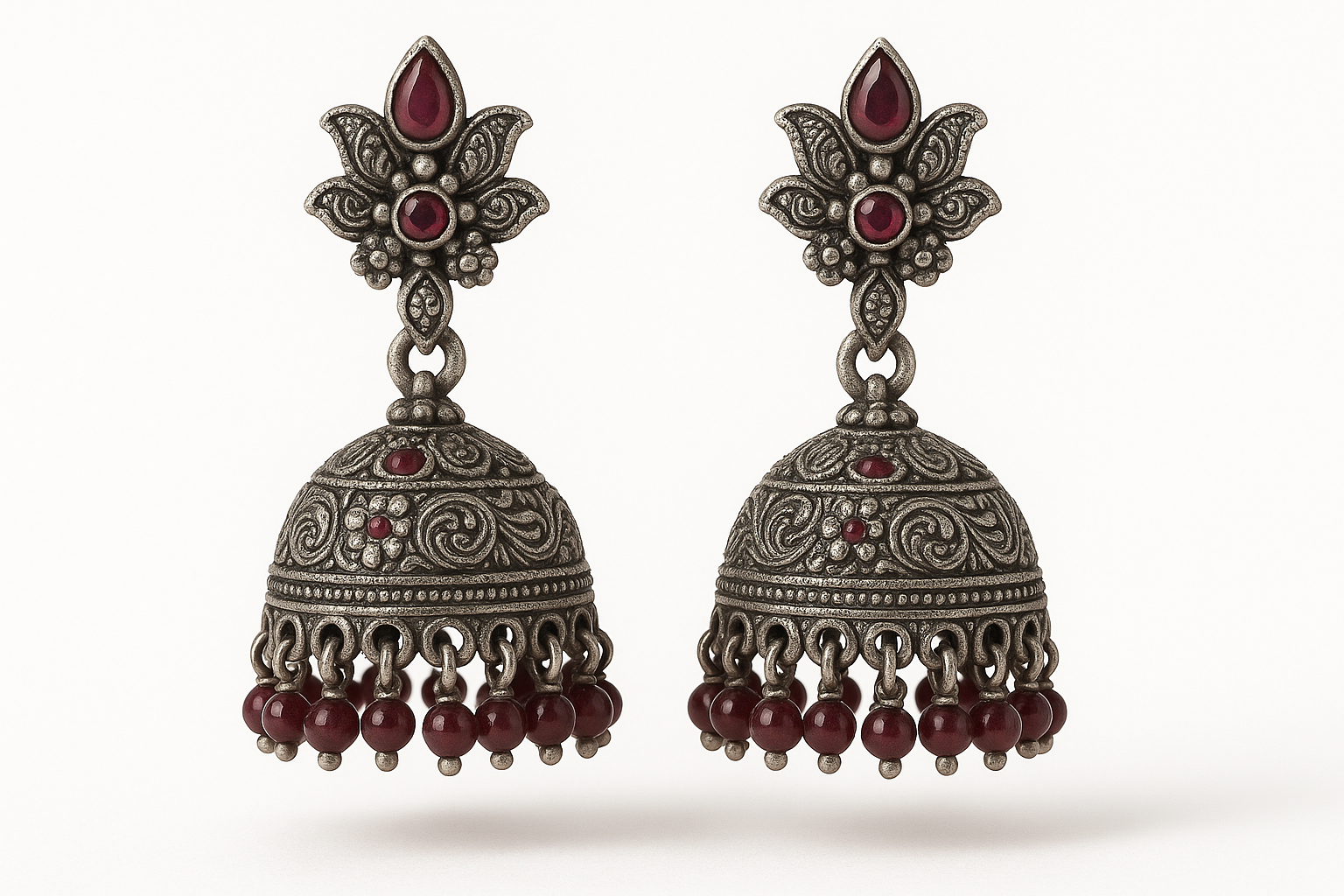 Oxidized Silver Jhumkas 27 with ruby give the image in png format no background 