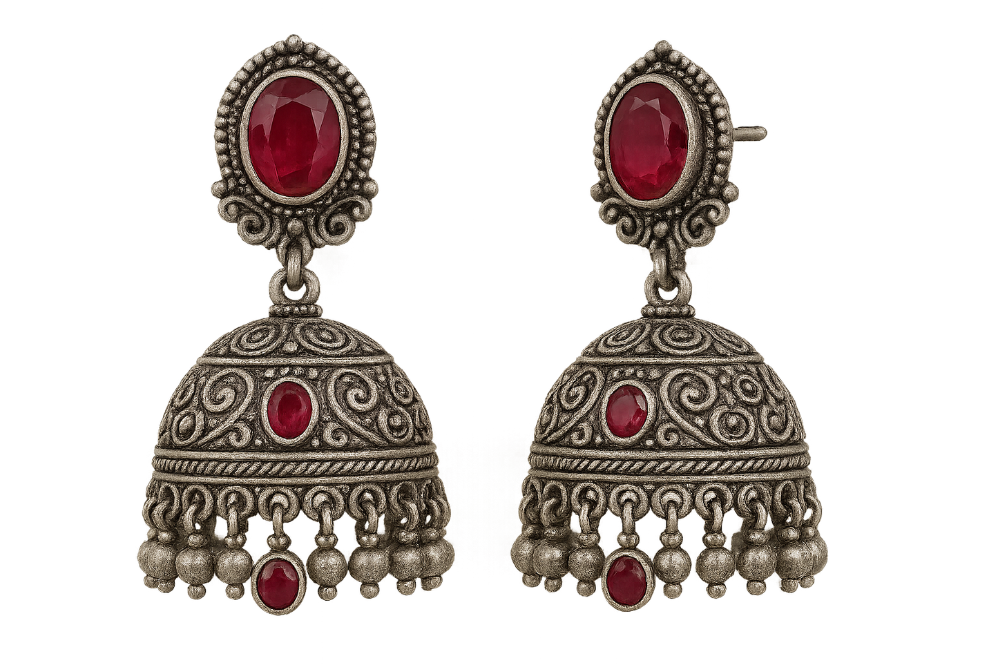Oxidized Silver Jhumkas 27 with ruby give the image in png format no background