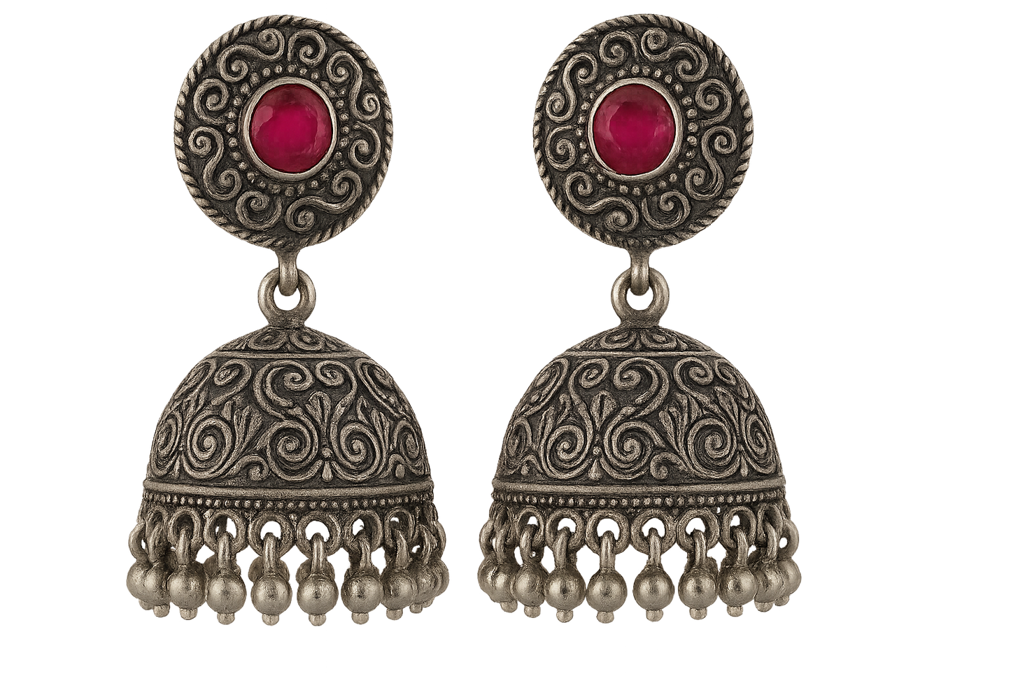 Oxidized Silver Jhumkas 27 with ruby give the image in png format no background