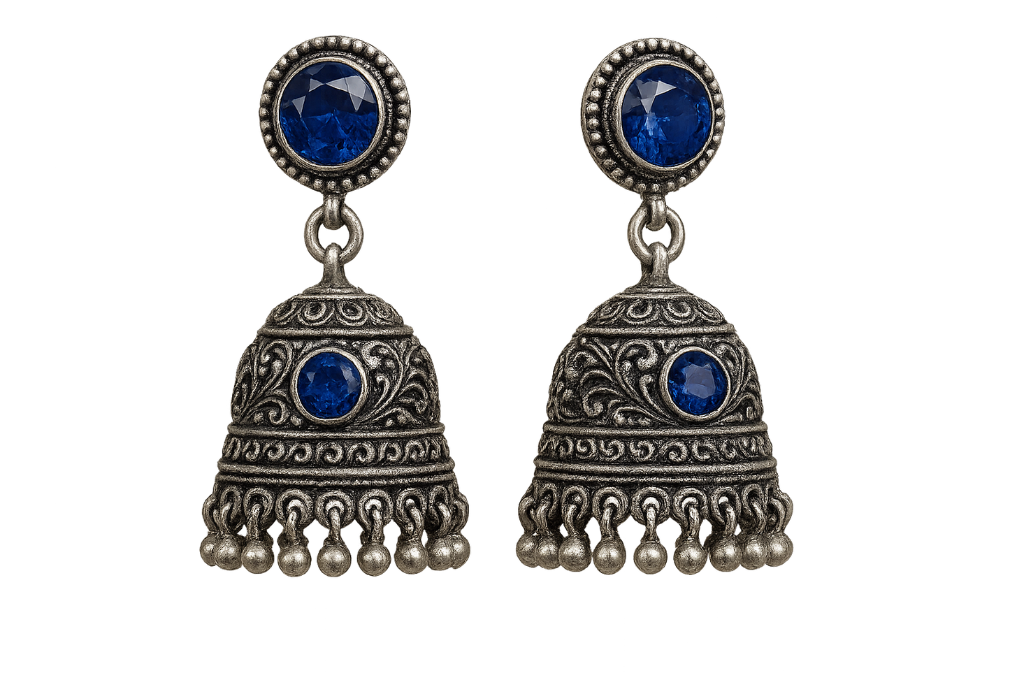 Oxidized Silver Jhumkas 27 with sapphire give the image in png format no background 