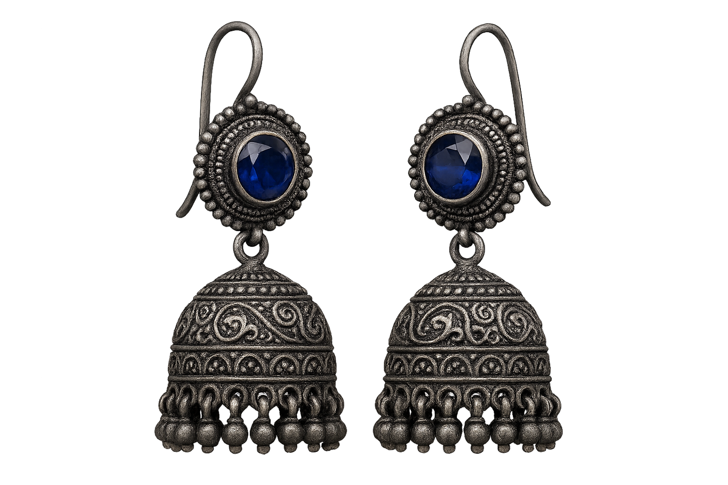 Oxidized Silver Jhumkas 27 with sapphire give the image in png format no background 