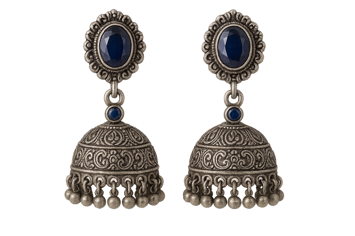 Oxidized Silver Jhumkas 27 with sapphire give the image in png format no background