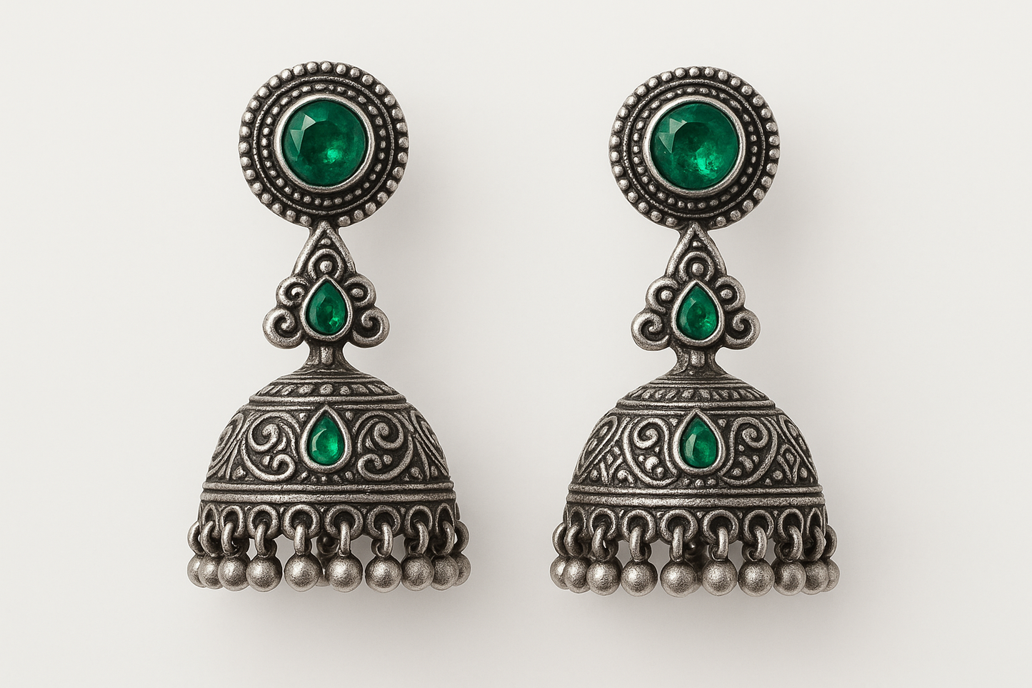 Oxidized Silver Jhumkas 44 with emerald give the image in png format no background  