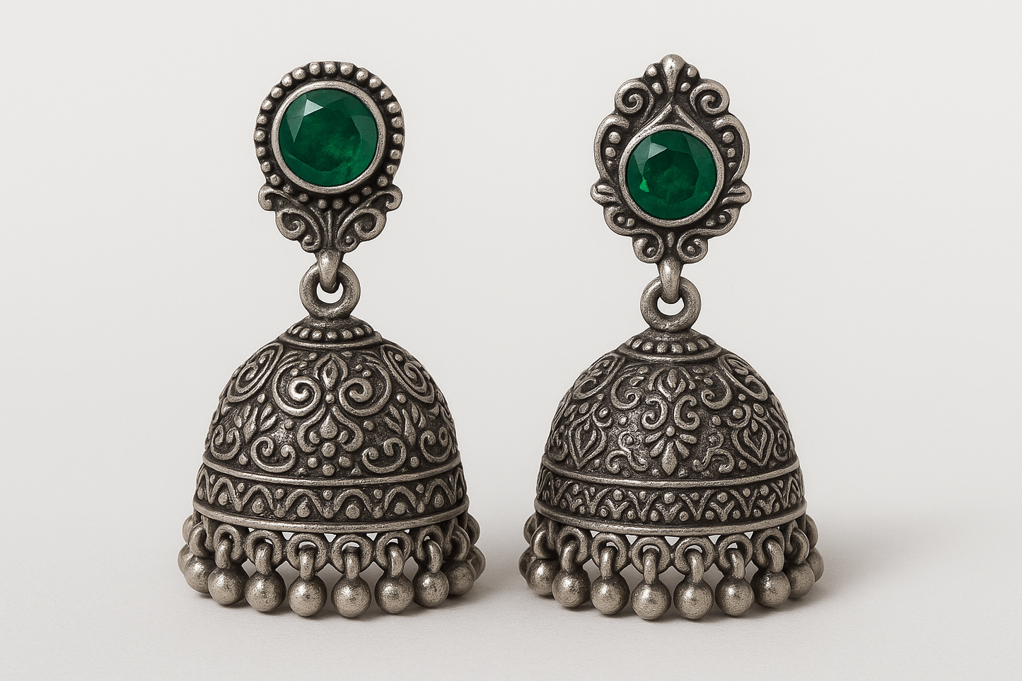 Oxidized Silver Jhumkas 44 with emerald give the image in png format no background  