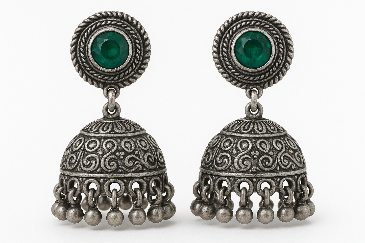 Oxidized Silver Jhumkas 44 with emerald give the image in png format no background  