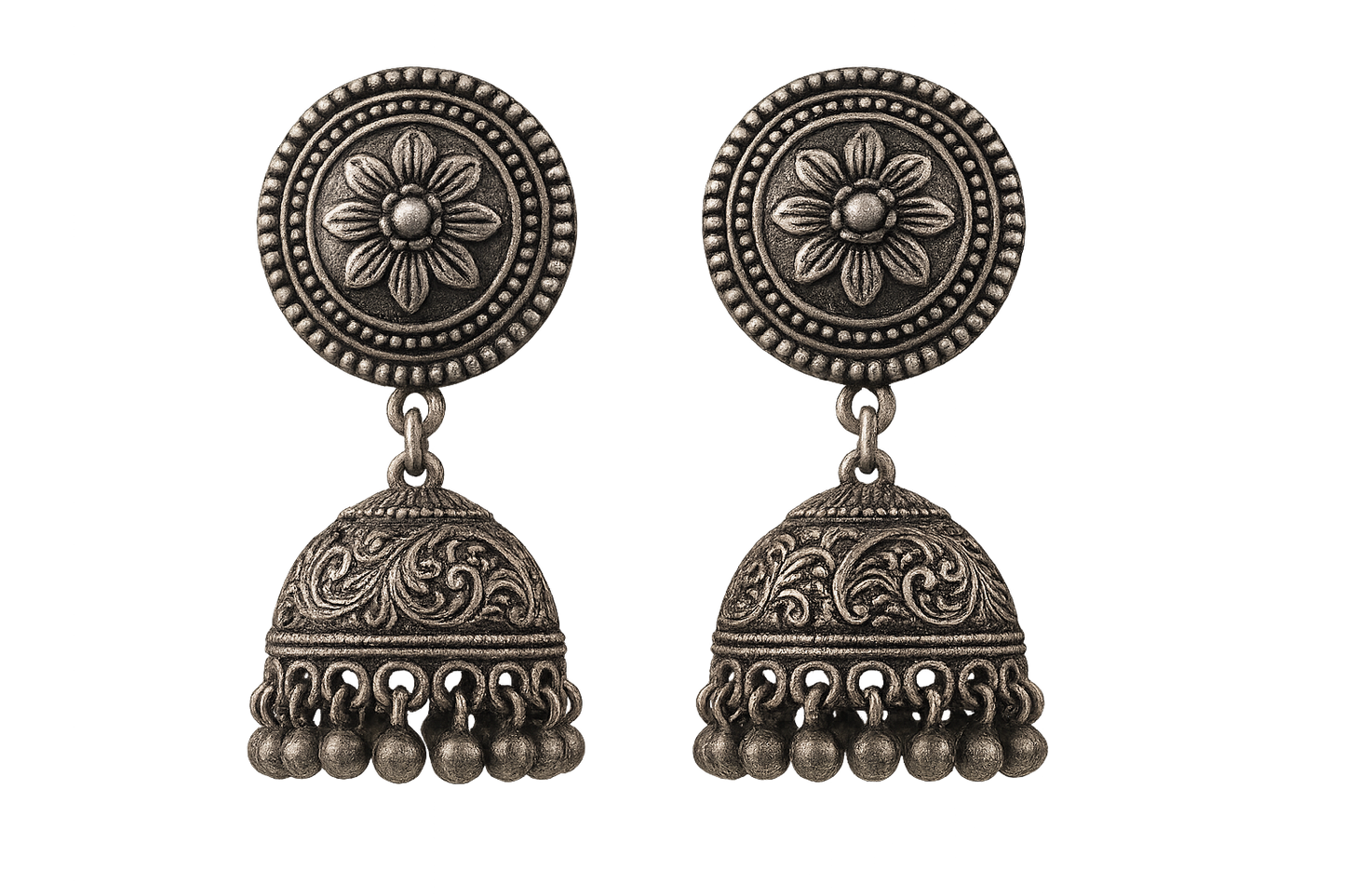 Oxidized Silver Jhumkas 44 with none give the image in png format no background 