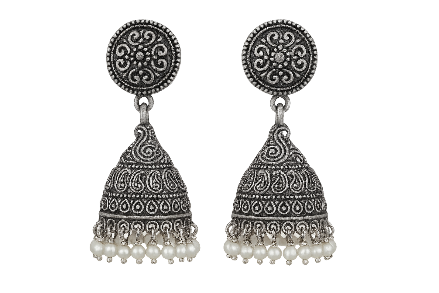 Oxidized Silver Jhumkas 44 with pearl give the image in png format no background  