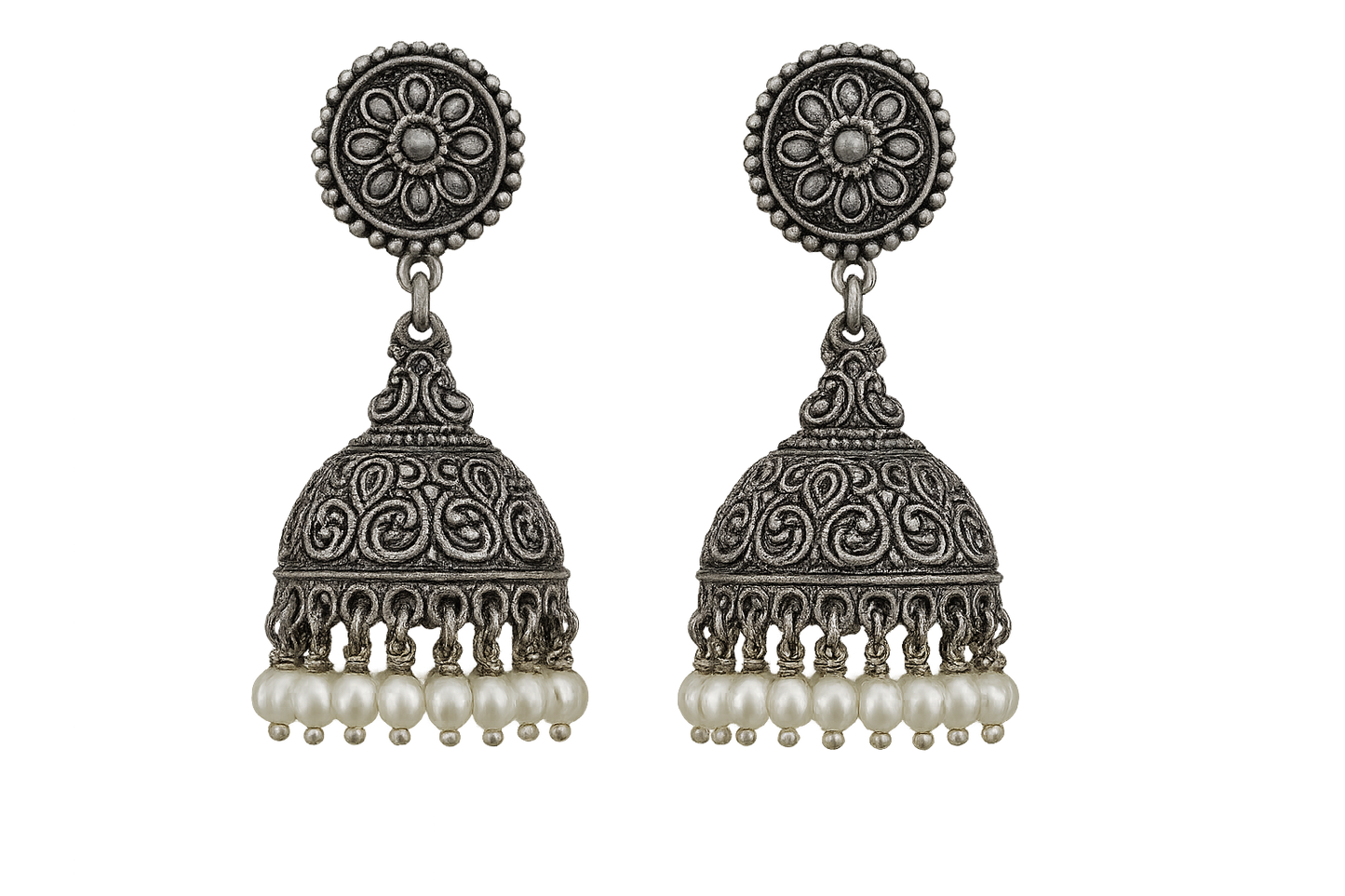 Oxidized Silver Jhumkas 44 with pearl give the image in png format no background  