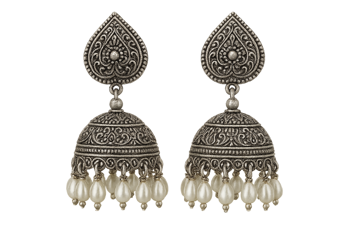 Oxidized Silver Jhumkas 44 with pearl give the image in png format no background 