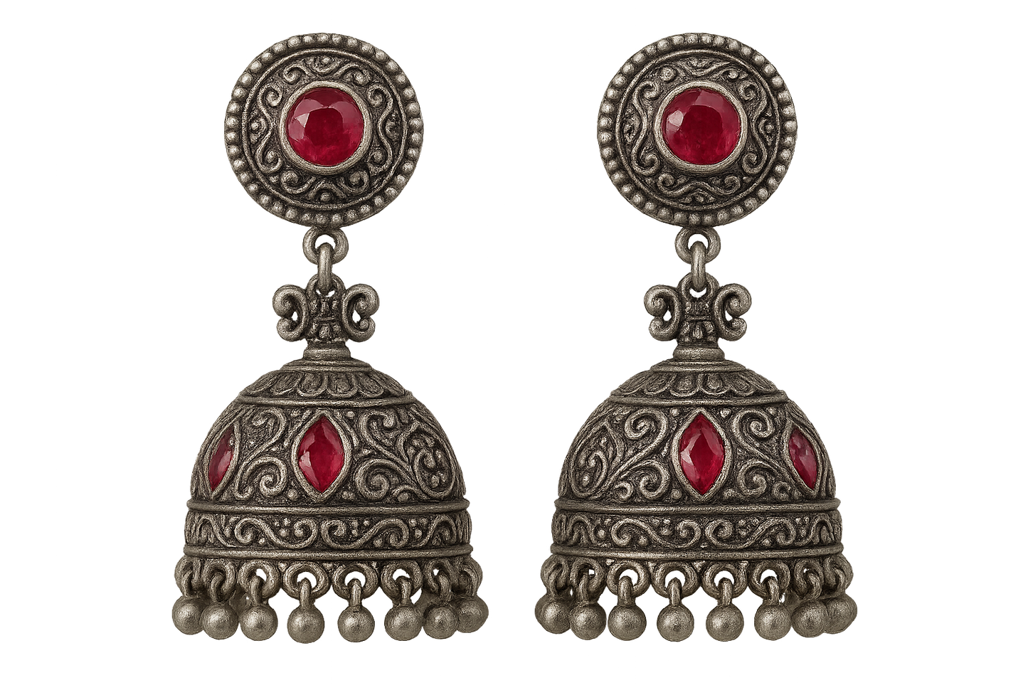 Oxidized Silver Jhumkas 44 with ruby give the image in png format no background  