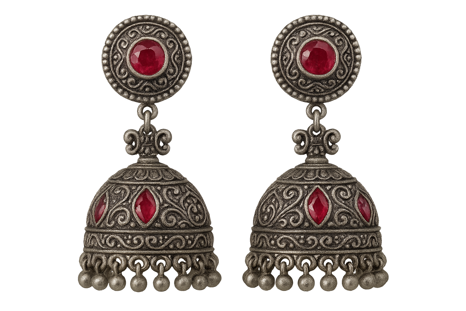 Oxidized Silver Jhumkas 44 with ruby give the image in png format no background  