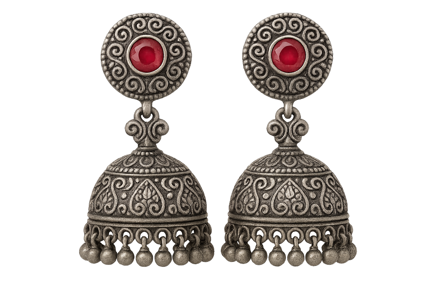 Oxidized Silver Jhumkas 44 with ruby give the image in png format no background  