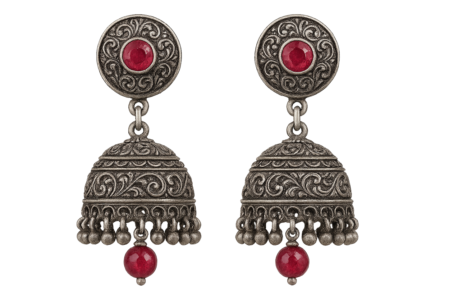 Oxidized Silver Jhumkas 44 with ruby give the image in png format no background 