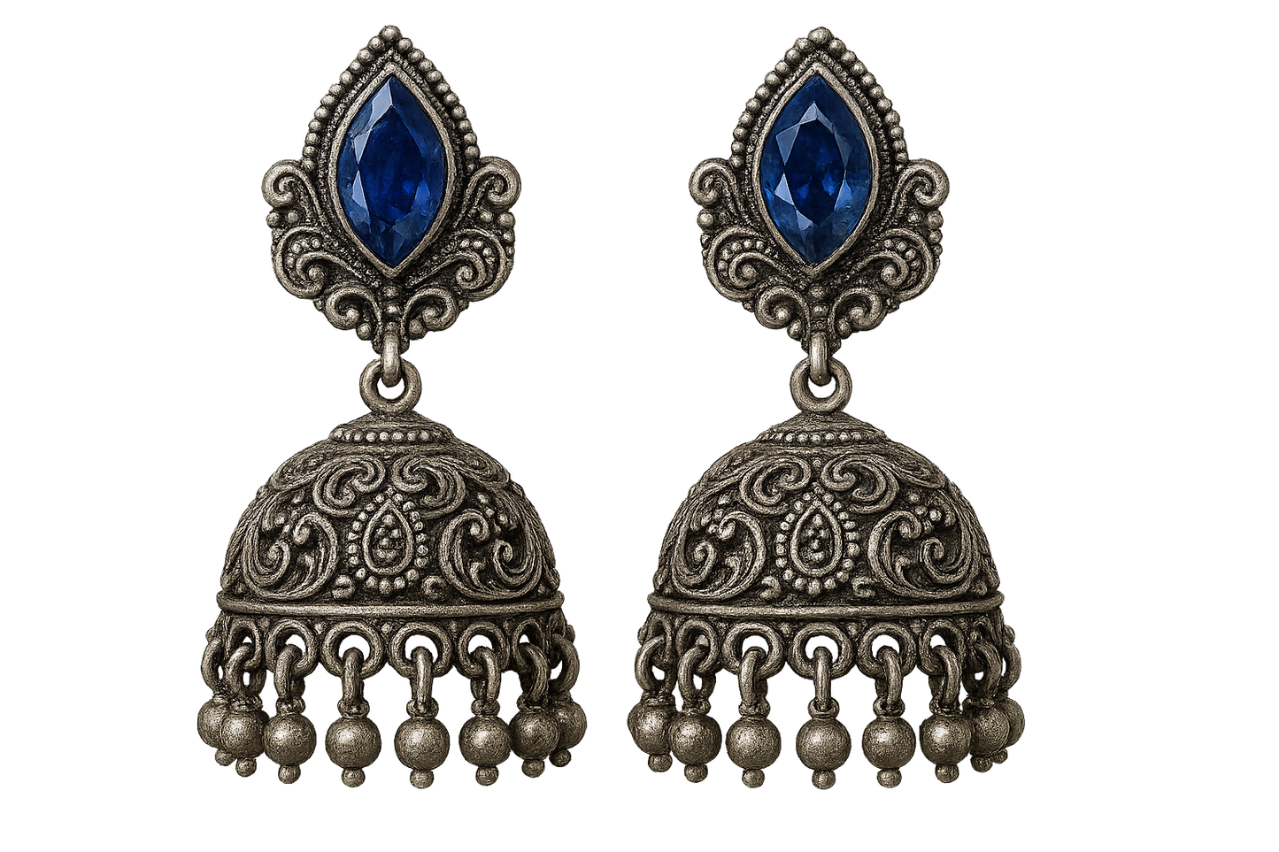 Oxidized Silver Jhumkas 44 with sapphire give the image in png format no background  