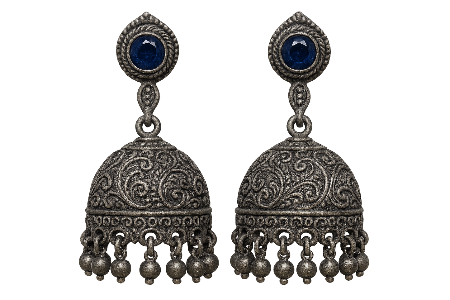 Oxidized Silver Jhumkas 44 with sapphire give the image in png format no background  