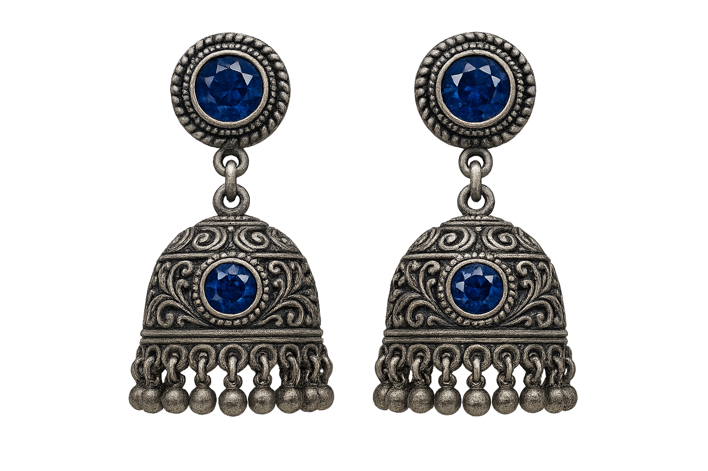 Oxidized Silver Jhumkas 44  with sapphire give the image in png format no background  