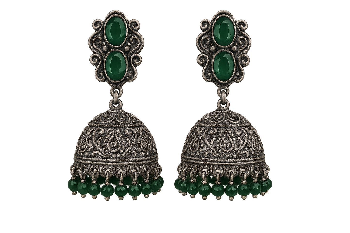 Oxidized Silver Jhumkas 45 with emerald give the image in png format no background  