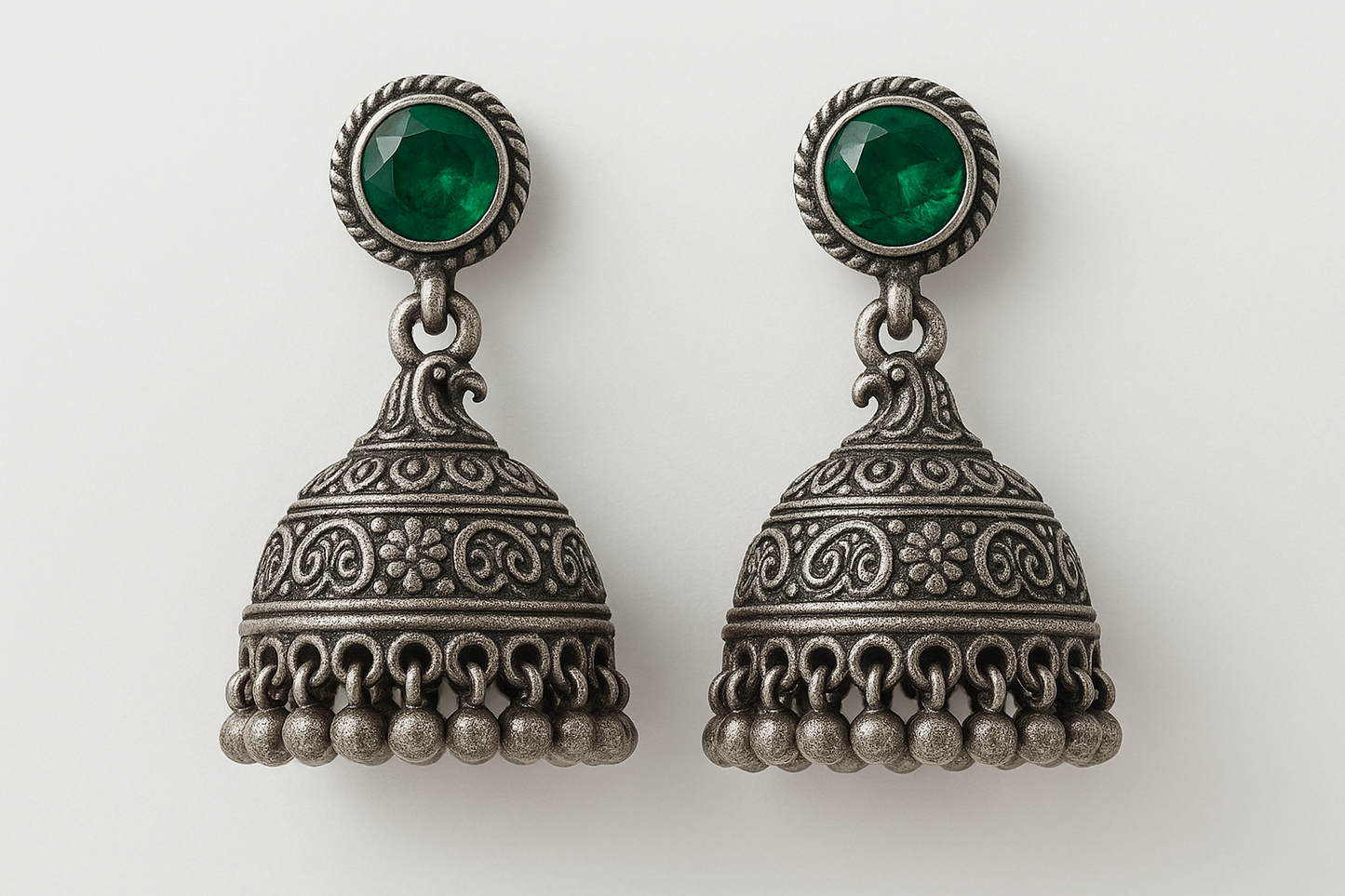 Oxidized Silver Jhumkas 45 with emerald give the image in png format no background  