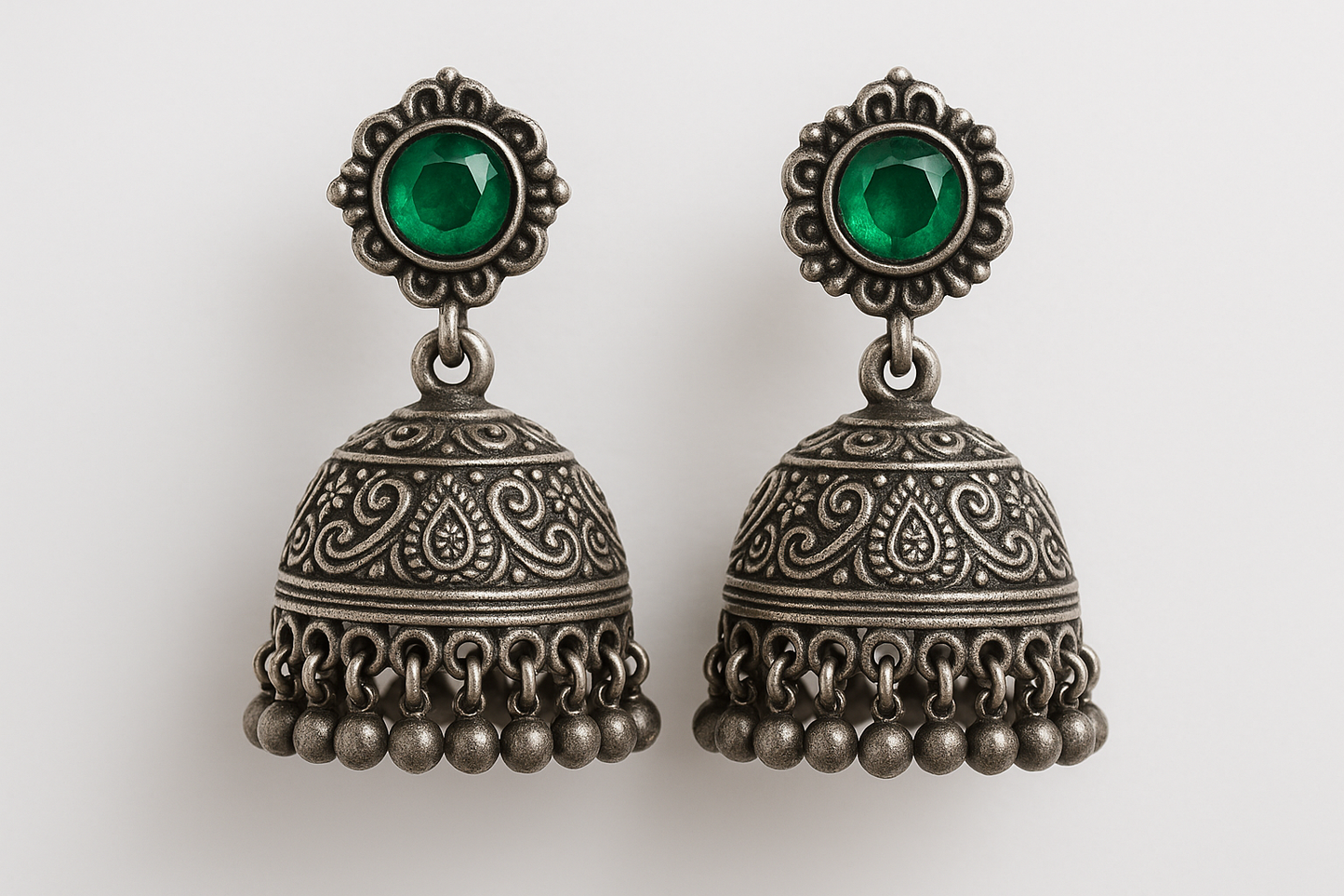 Oxidized Silver Jhumkas 45 with emerald give the image in png format no background  