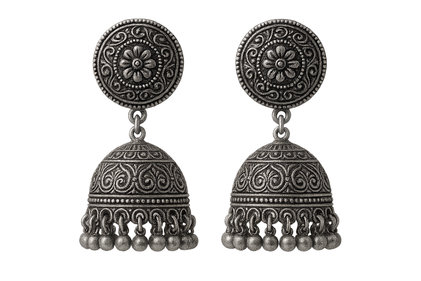 Oxidized Silver Jhumkas 45 with none give the image in png format no background  