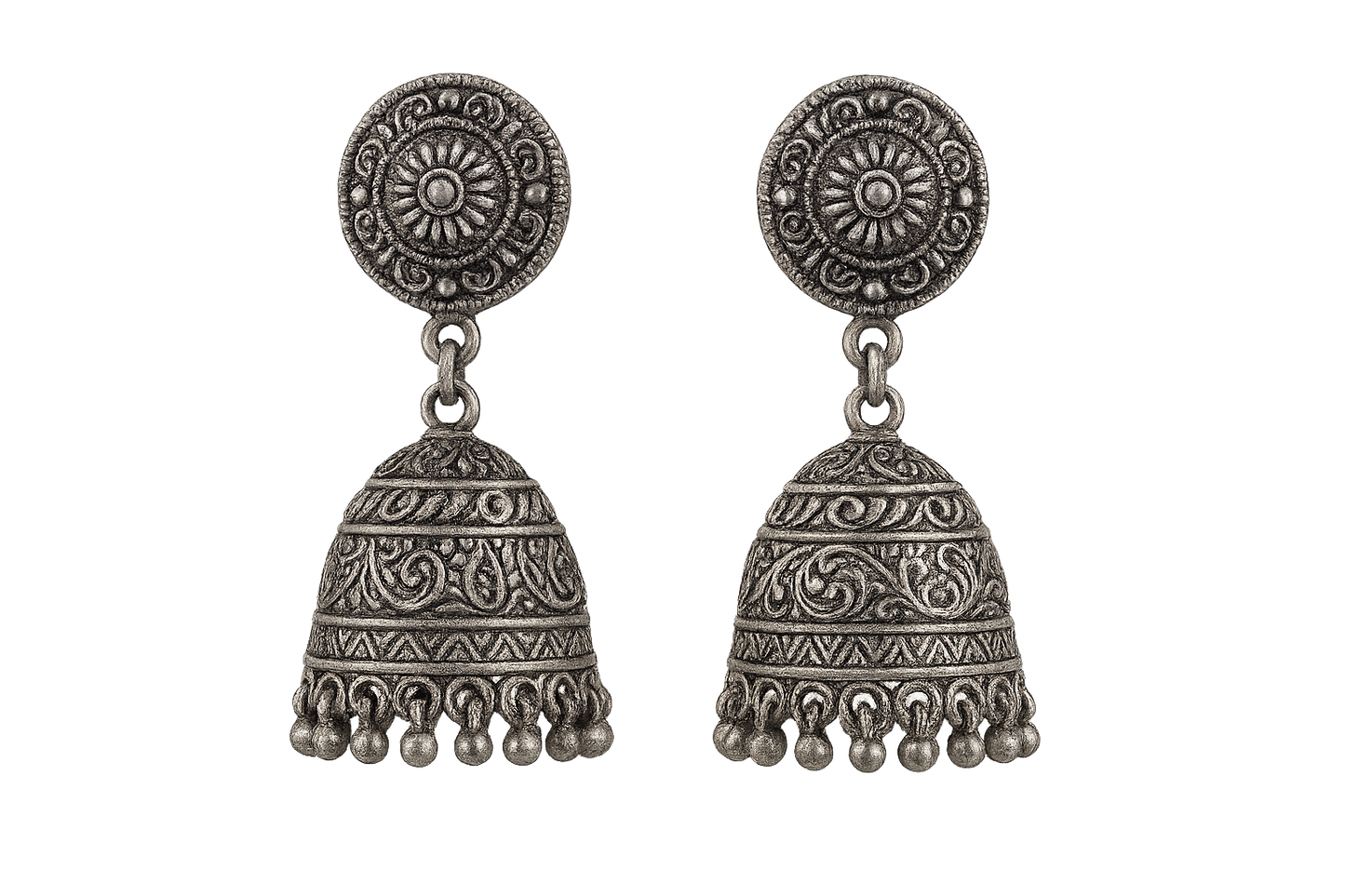  Oxidized Silver Jhumkas 45 with none give the image in png format no background  