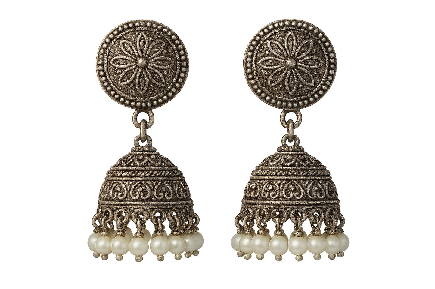 Oxidized Silver Jhumkas 45 with pearl  give the image in png format no background  with pearl 