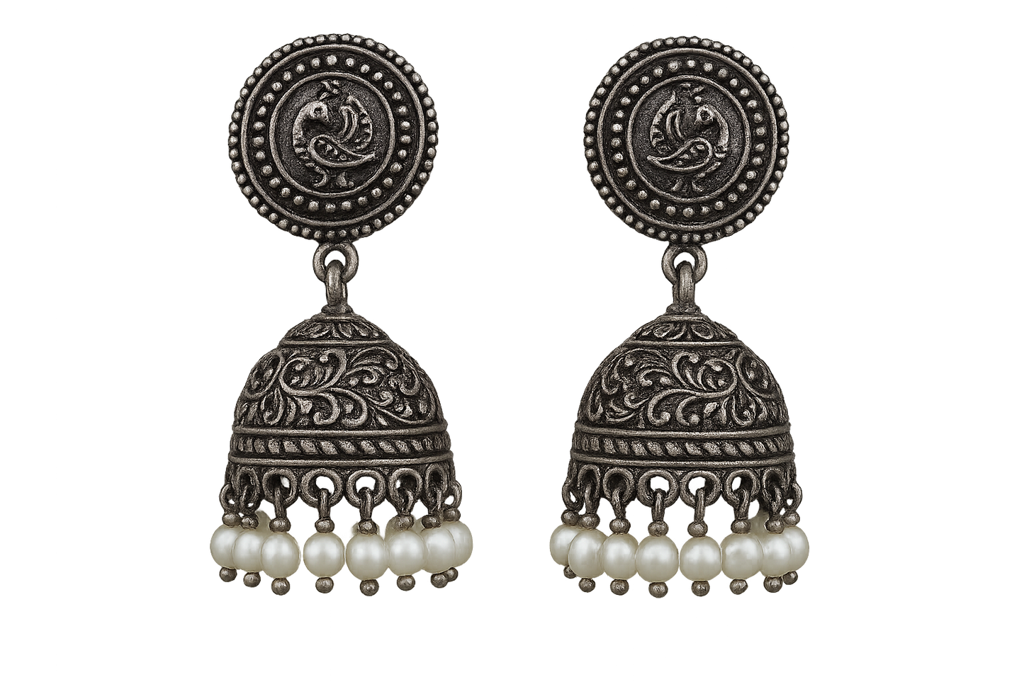 Oxidized Silver Jhumkas 45 with pearl give the image in png format no background  