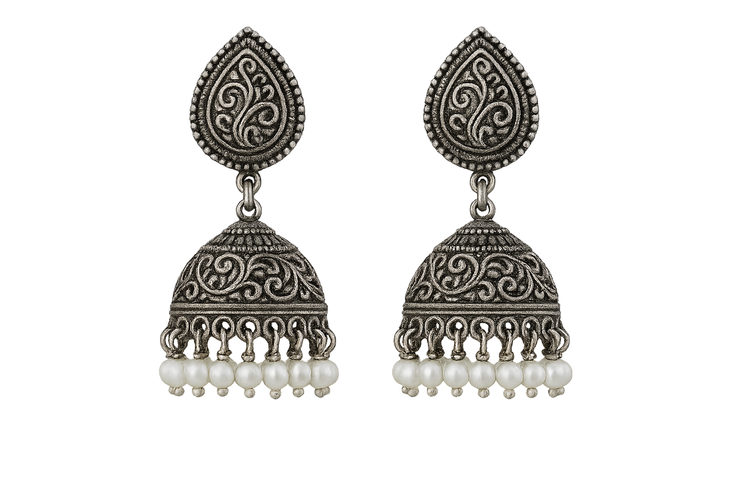 Oxidized Silver Jhumkas 45  with pearl give the image in png format no background 