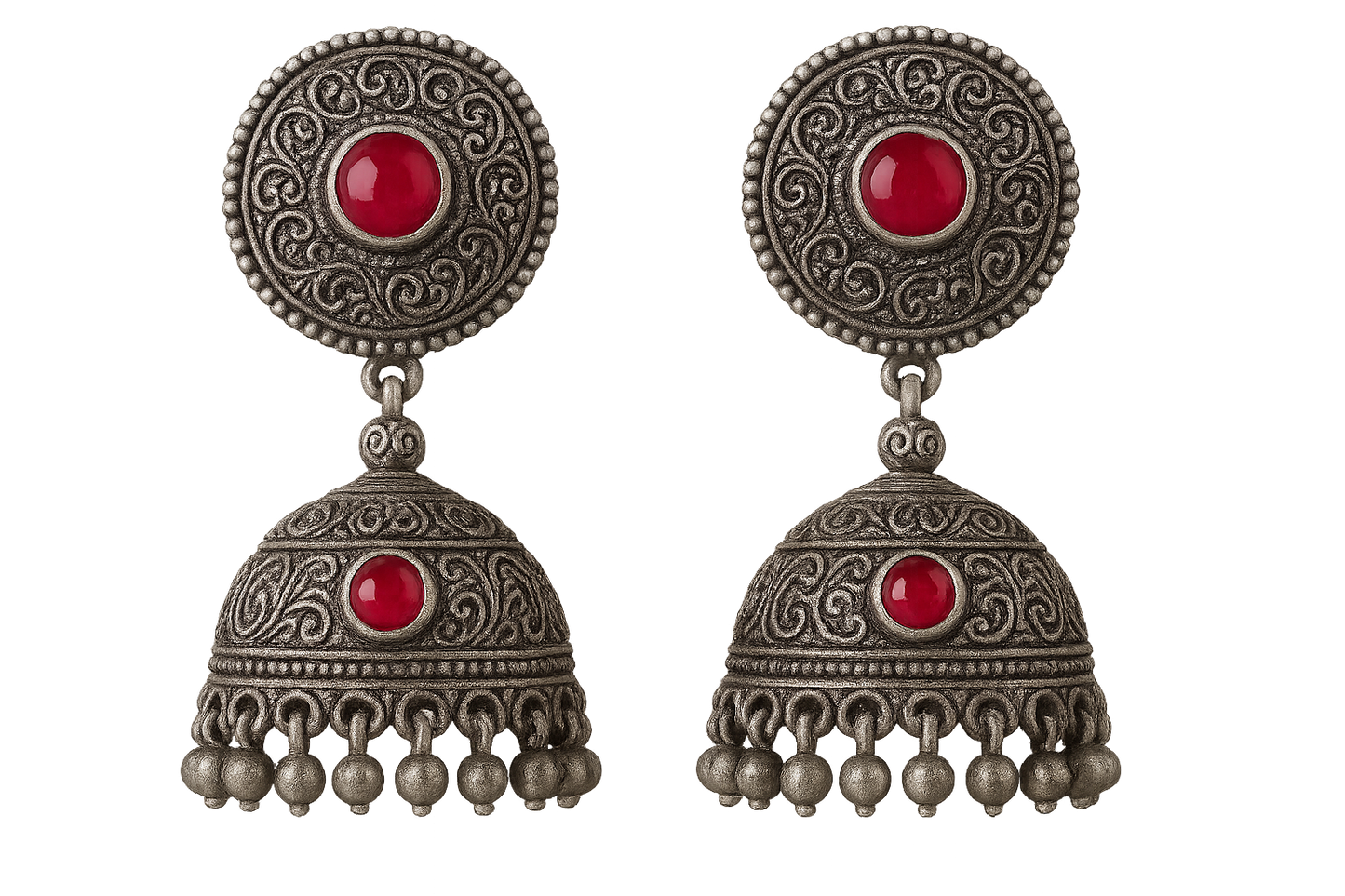 Oxidized Silver Jhumkas 45 with ruby give the image in png format no background  