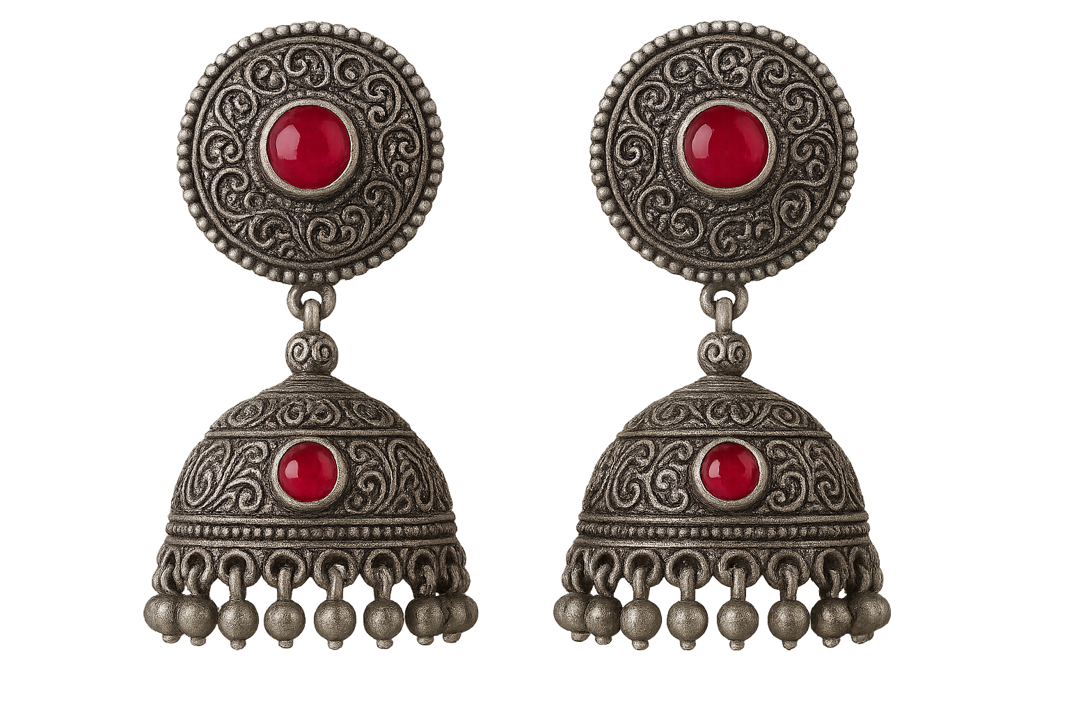 Oxidized Silver Jhumkas 45 with ruby give the image in png format no background  
