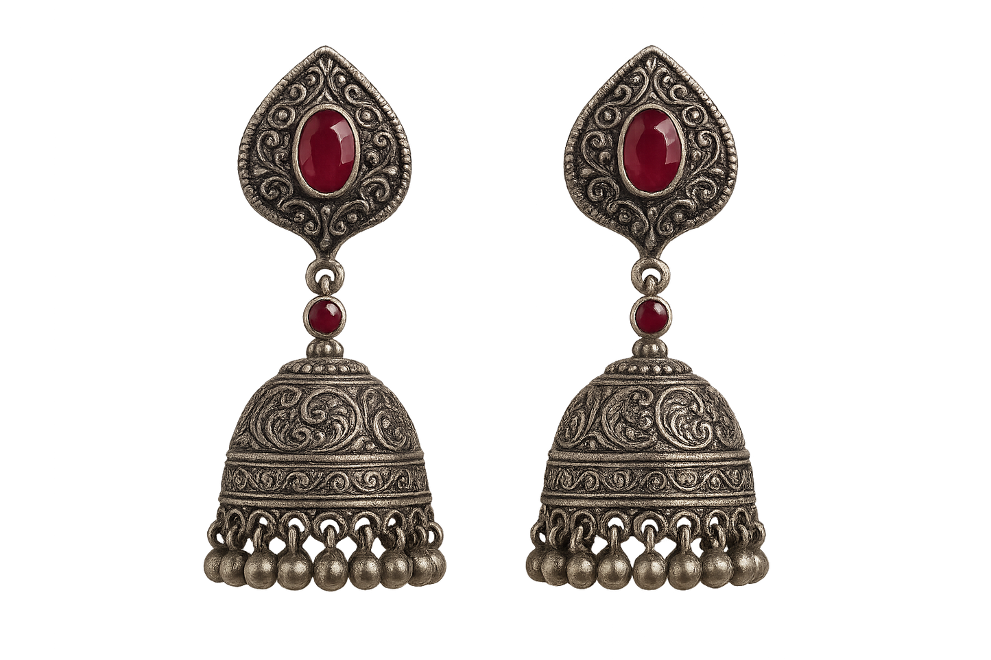 Oxidized Silver Jhumkas 45 with ruby give the image in png format no background  