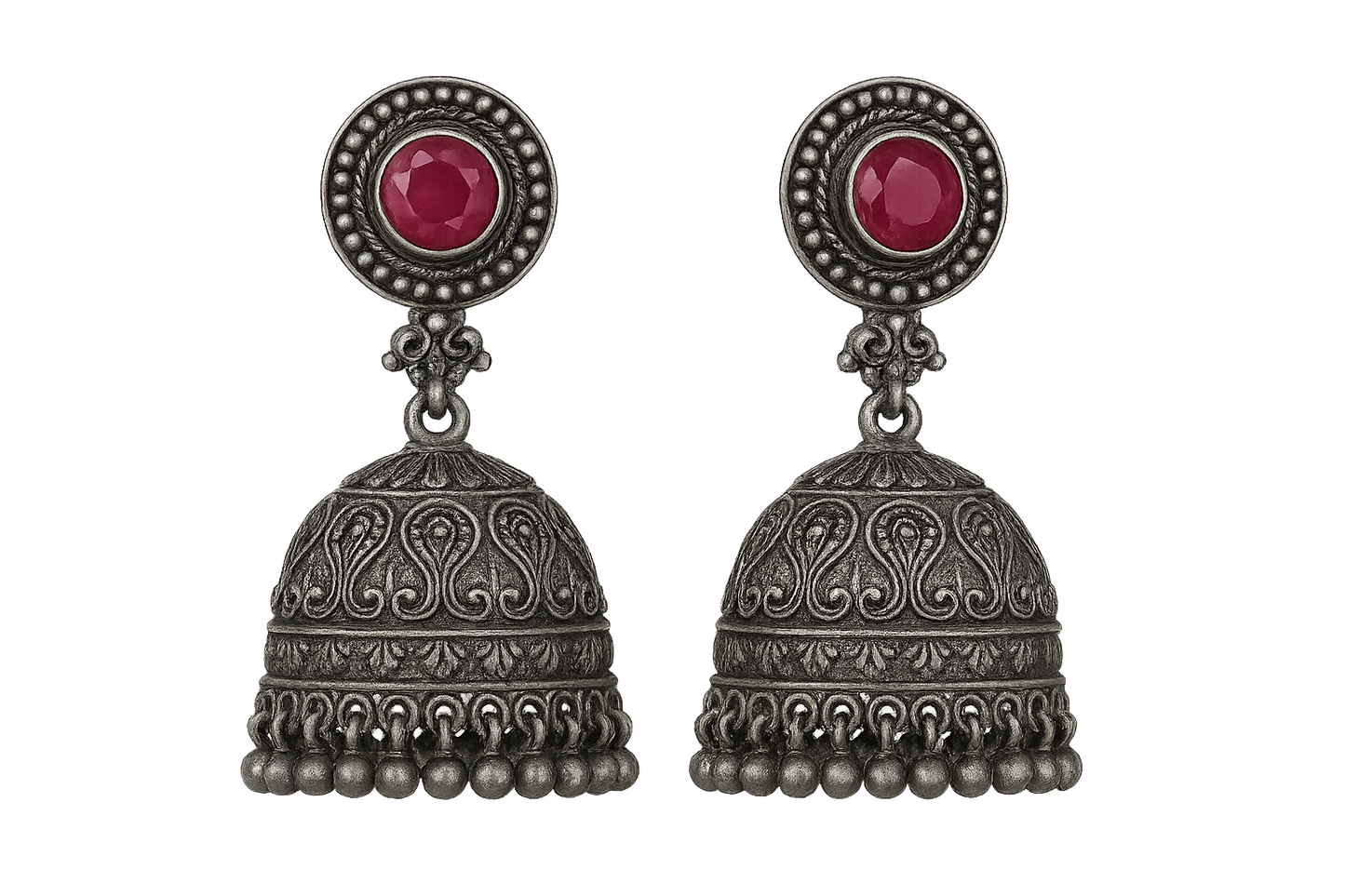 Oxidized Silver Jhumkas 45 with ruby give the image in png format no background  