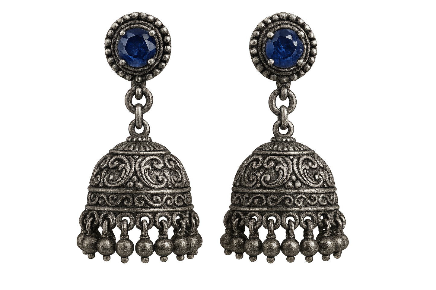 Oxidized Silver Jhumkas 45 with sapphire give the image in png format no background  