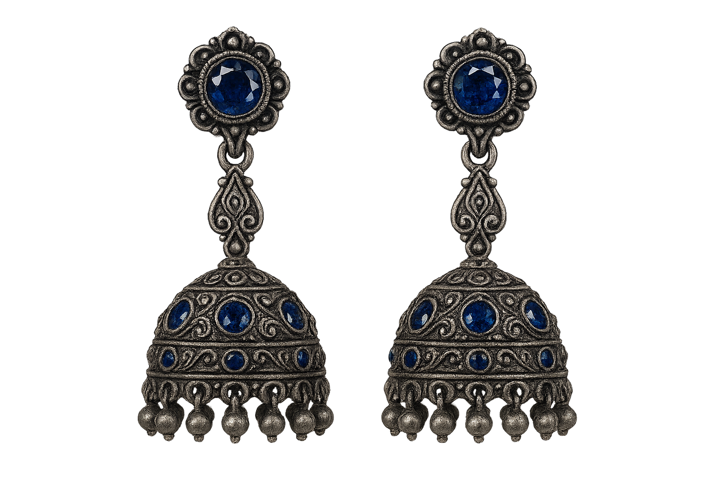 Oxidized Silver Jhumkas 45 with sapphire give the image in png format no background  