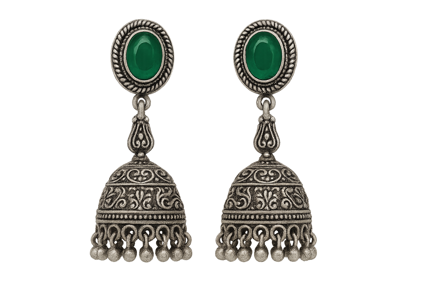 Oxidized Silver Jhumkas 5 with emerald give the image in png format no background 