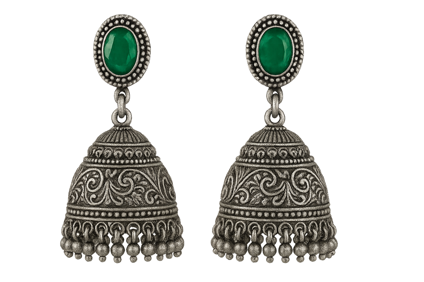 Oxidized Silver Jhumkas 5 with emerald give the image in png format no background 