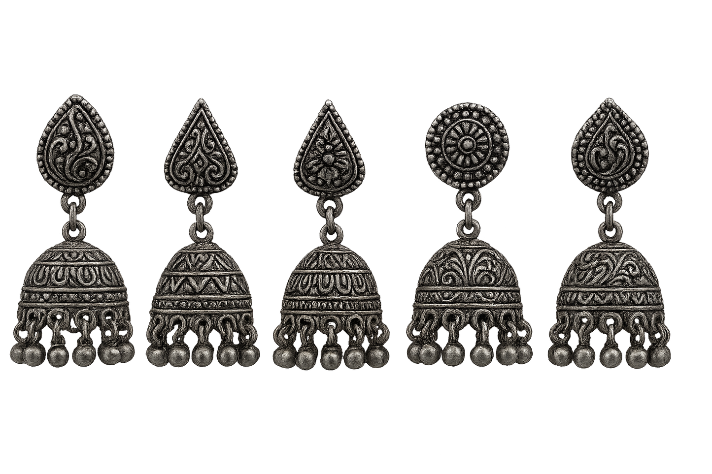 Oxidized Silver Jhumkas 5 with none give the image in png format no background 