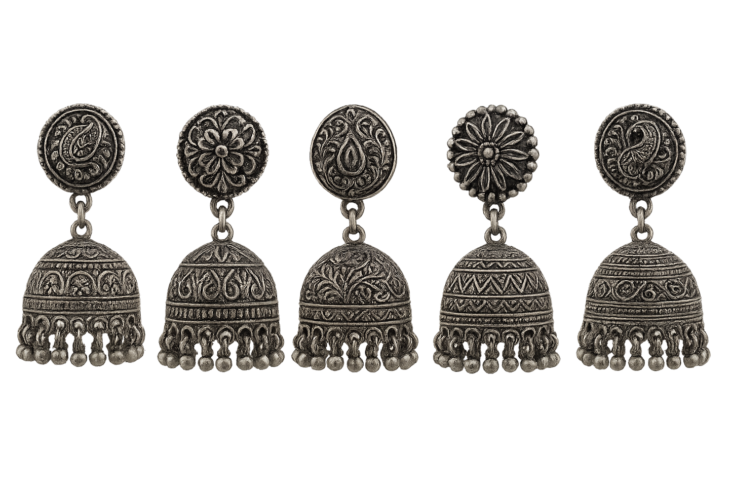 Oxidized Silver Jhumkas 5 with none give the image in png format no background 