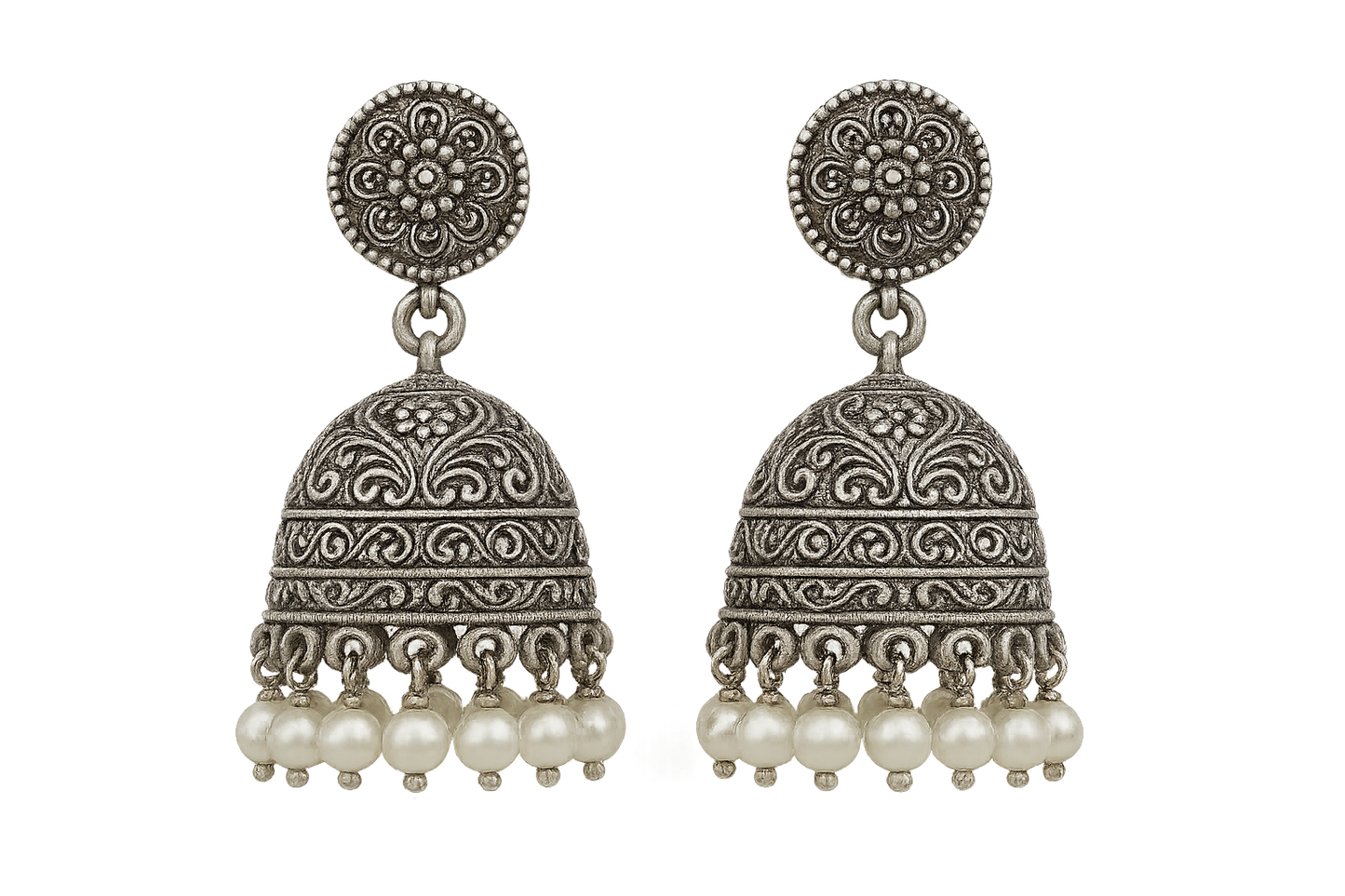 Oxidized Silver Jhumkas 5 with pearl give the image in png format no background 