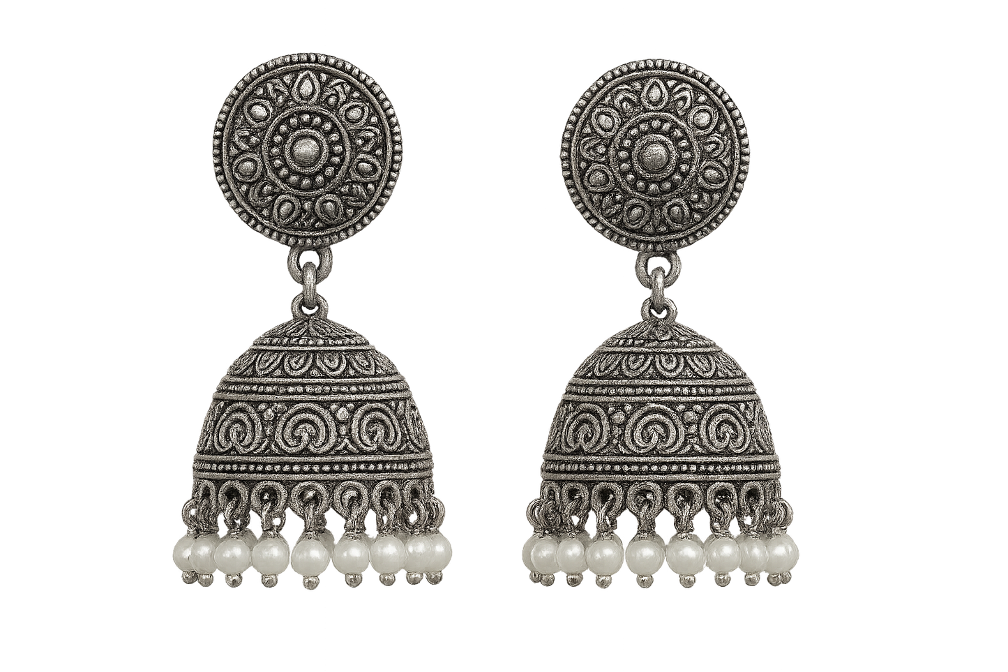 Oxidized Silver Jhumkas 5 with pearl give the image in png format no background 