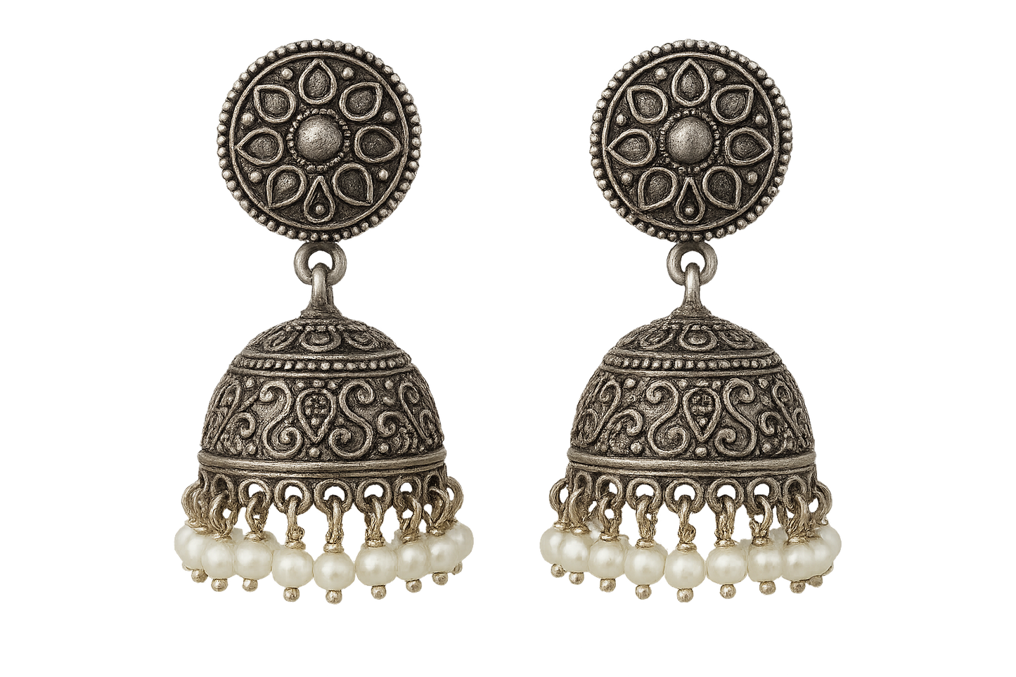 Oxidized Silver Jhumkas 5 with pearl give the imagein png format no background 