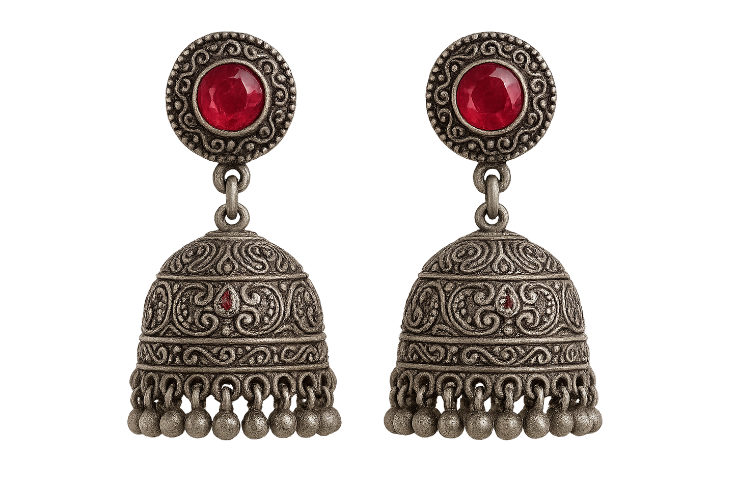 Oxidized Silver Jhumkas 5 with ruby give the image in png format no background 