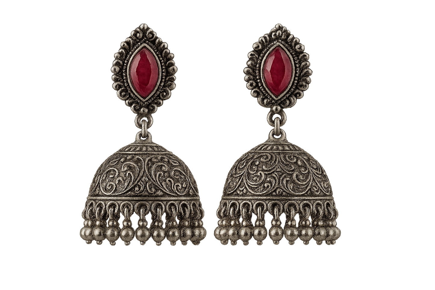 Oxidized Silver Jhumkas 5 with ruby give the image in png format no background  