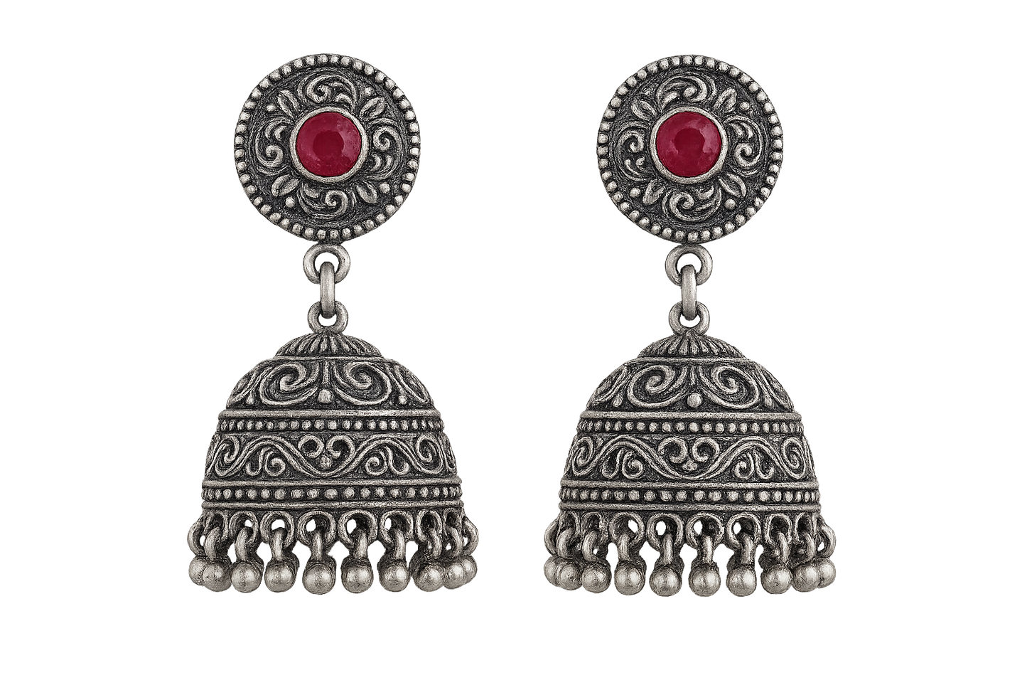 Oxidized Silver Jhumkas 5 with ruby give the image in png format no background 