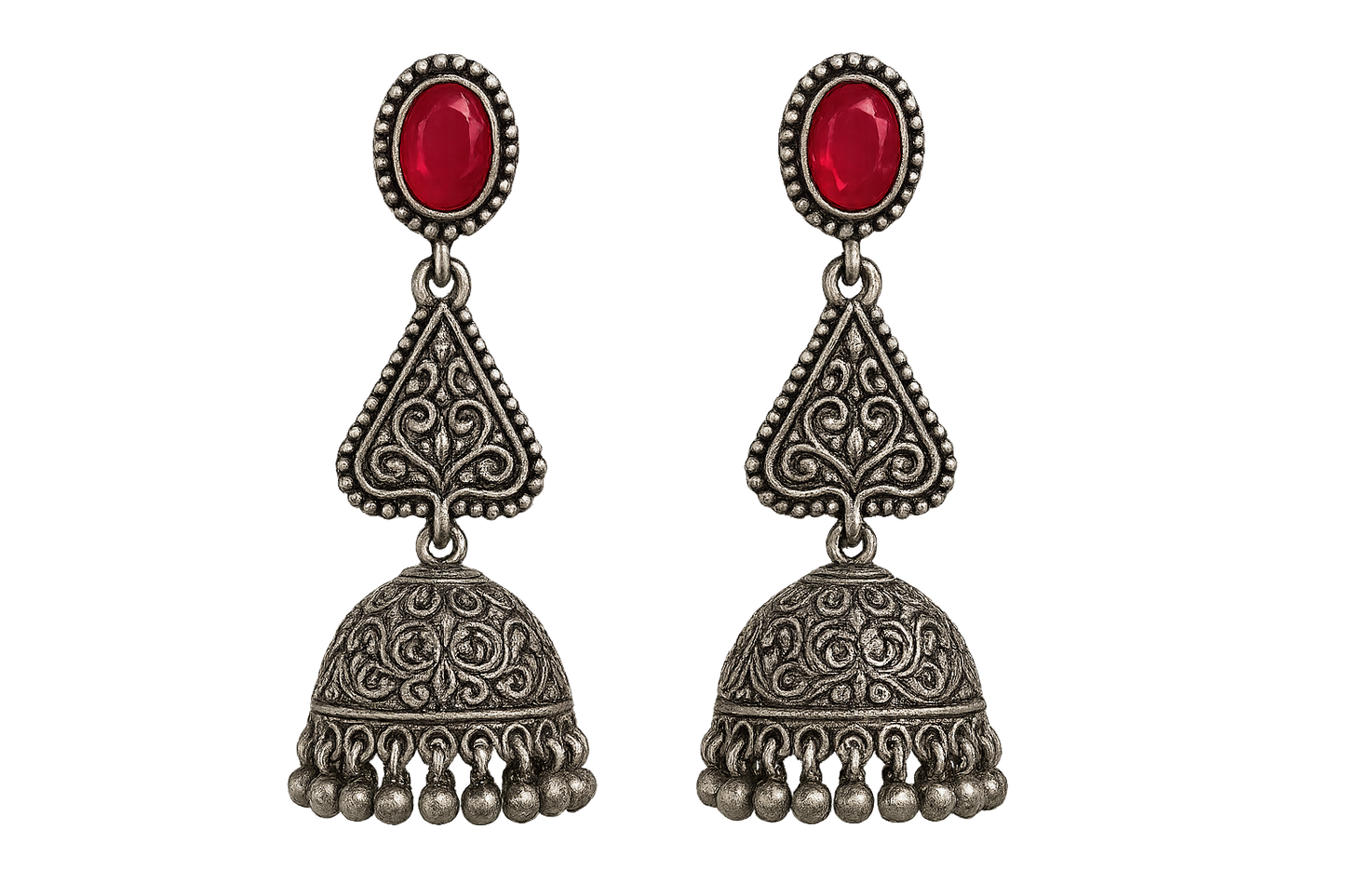 Oxidized Silver Jhumkas 5 with ruby give the image in png format no background 