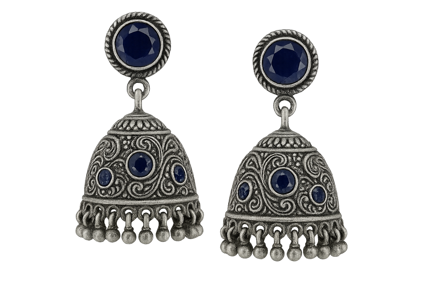 Oxidized Silver Jhumkas 5 with sapphire give the image in png format no background 