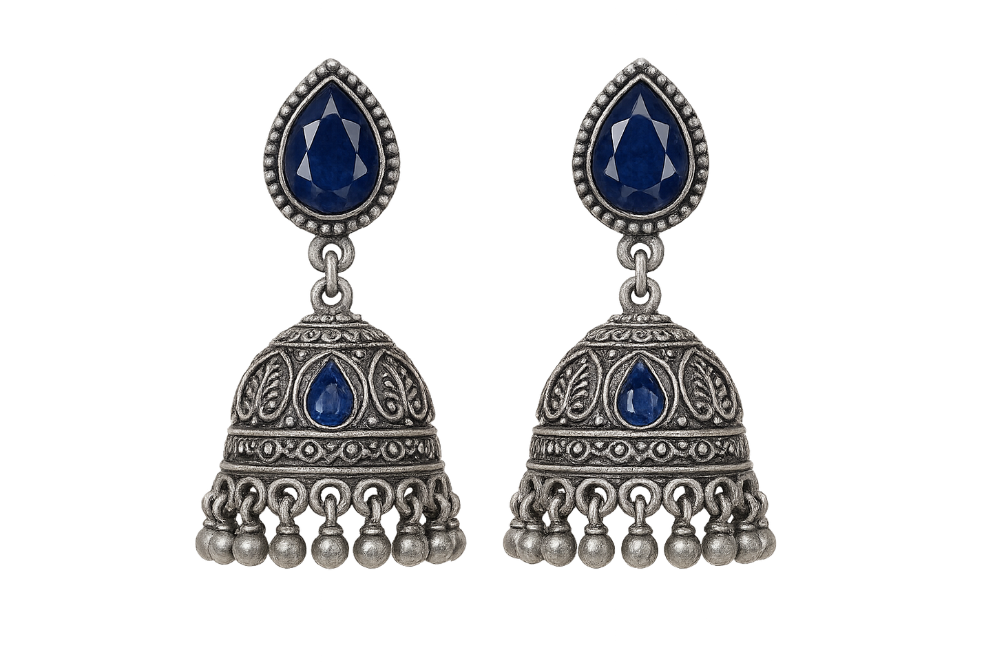 Oxidized Silver Jhumkas 5 with sapphire give the image in png format no background