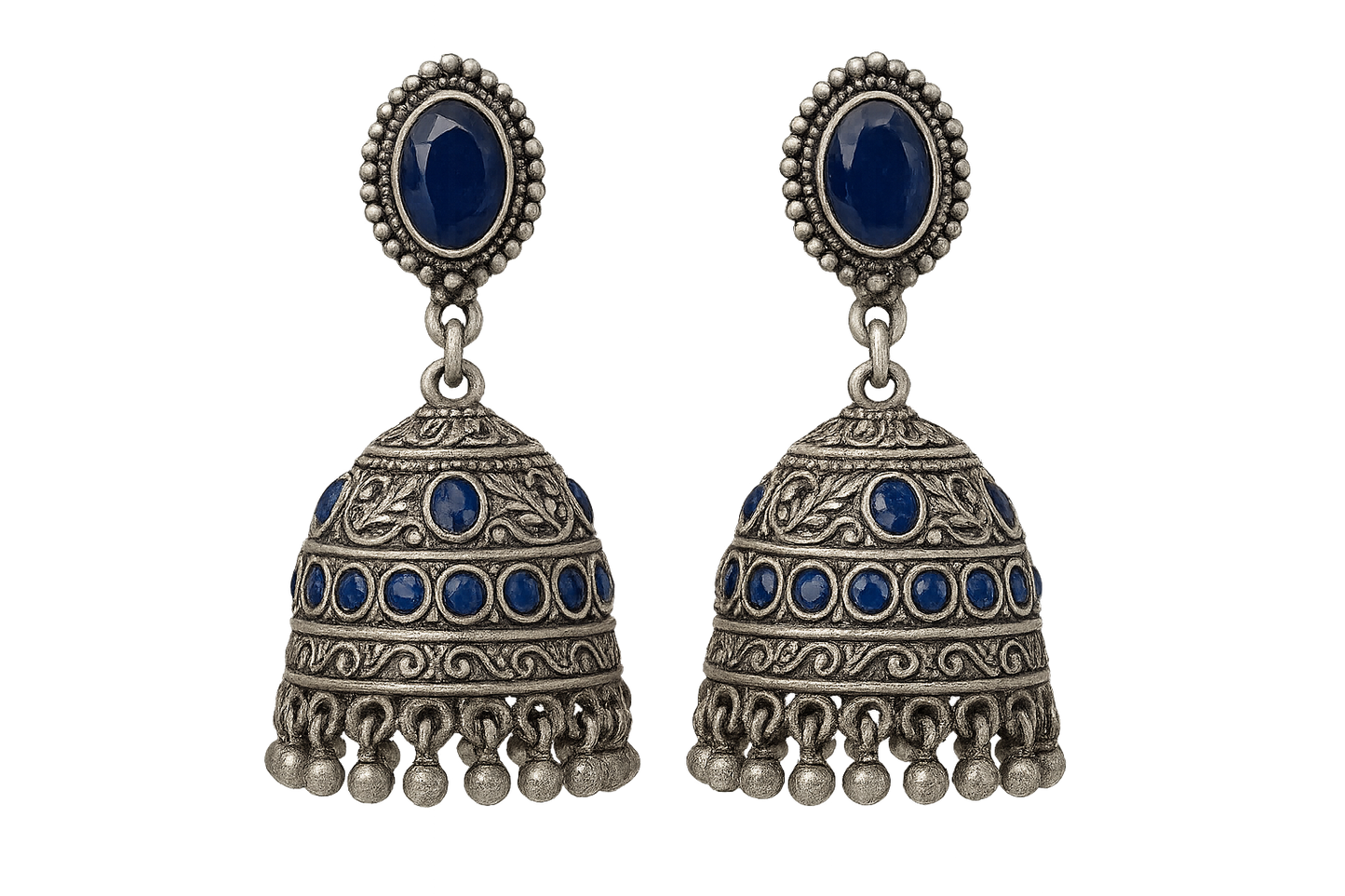 Oxidized Silver Jhumkas 5 with sapphire give the image in png format no background 