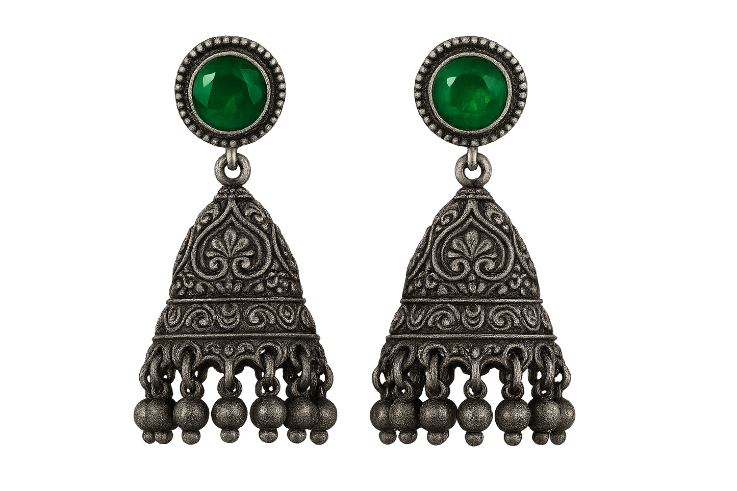 Oxidized Silver Jhumkas 50 with emerald give the image in png format no background